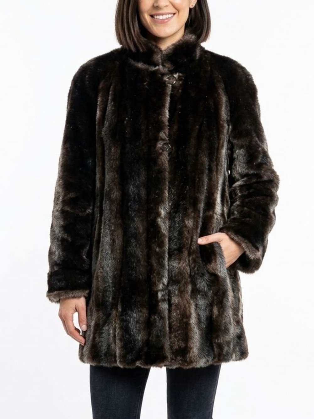 STERLING STALL Vintage Union Made Faux Fur Coat 1986 Button Front Pockets Sz 12